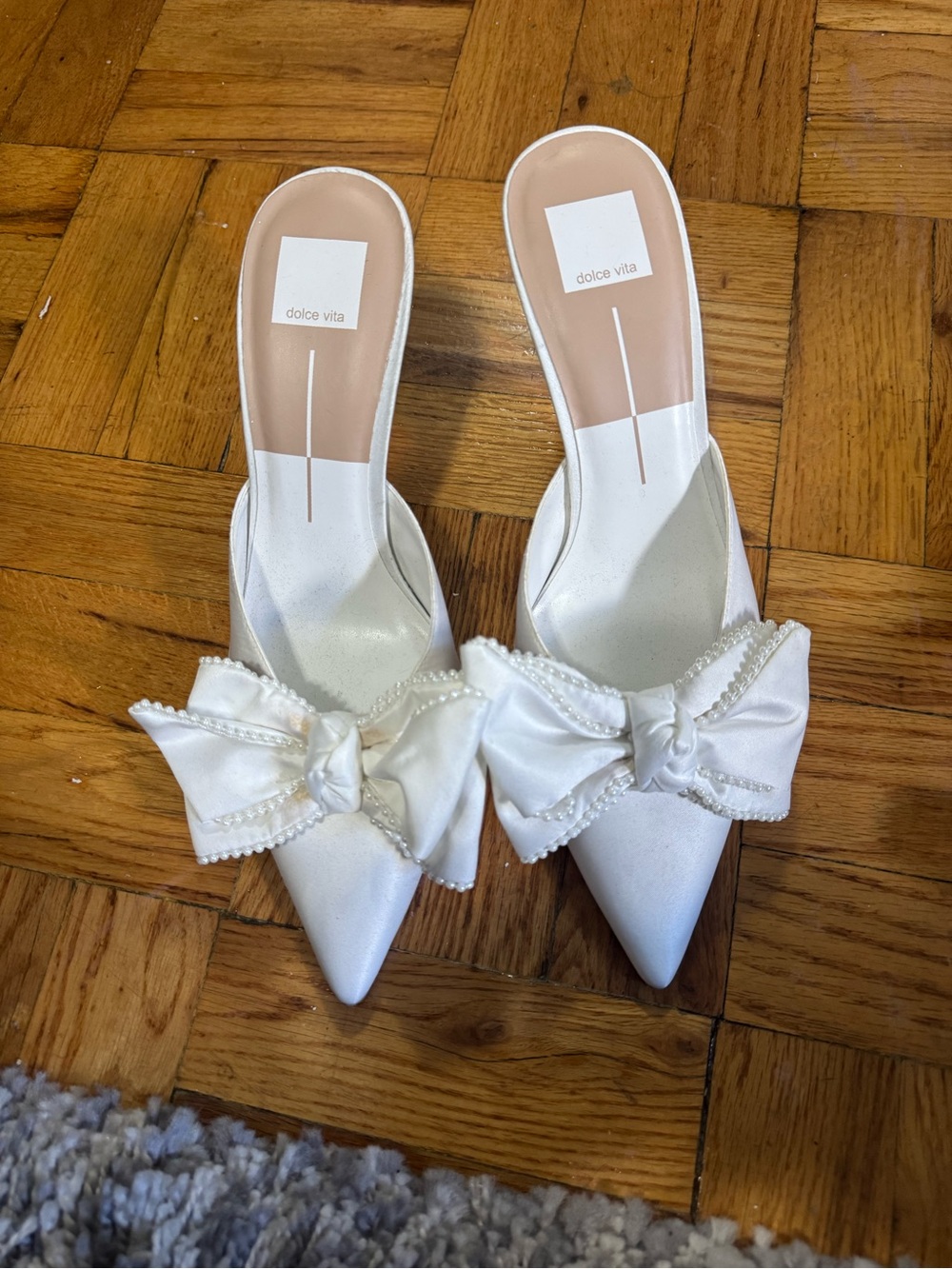 Dolce Vita White Pointed Bow Satin Mules